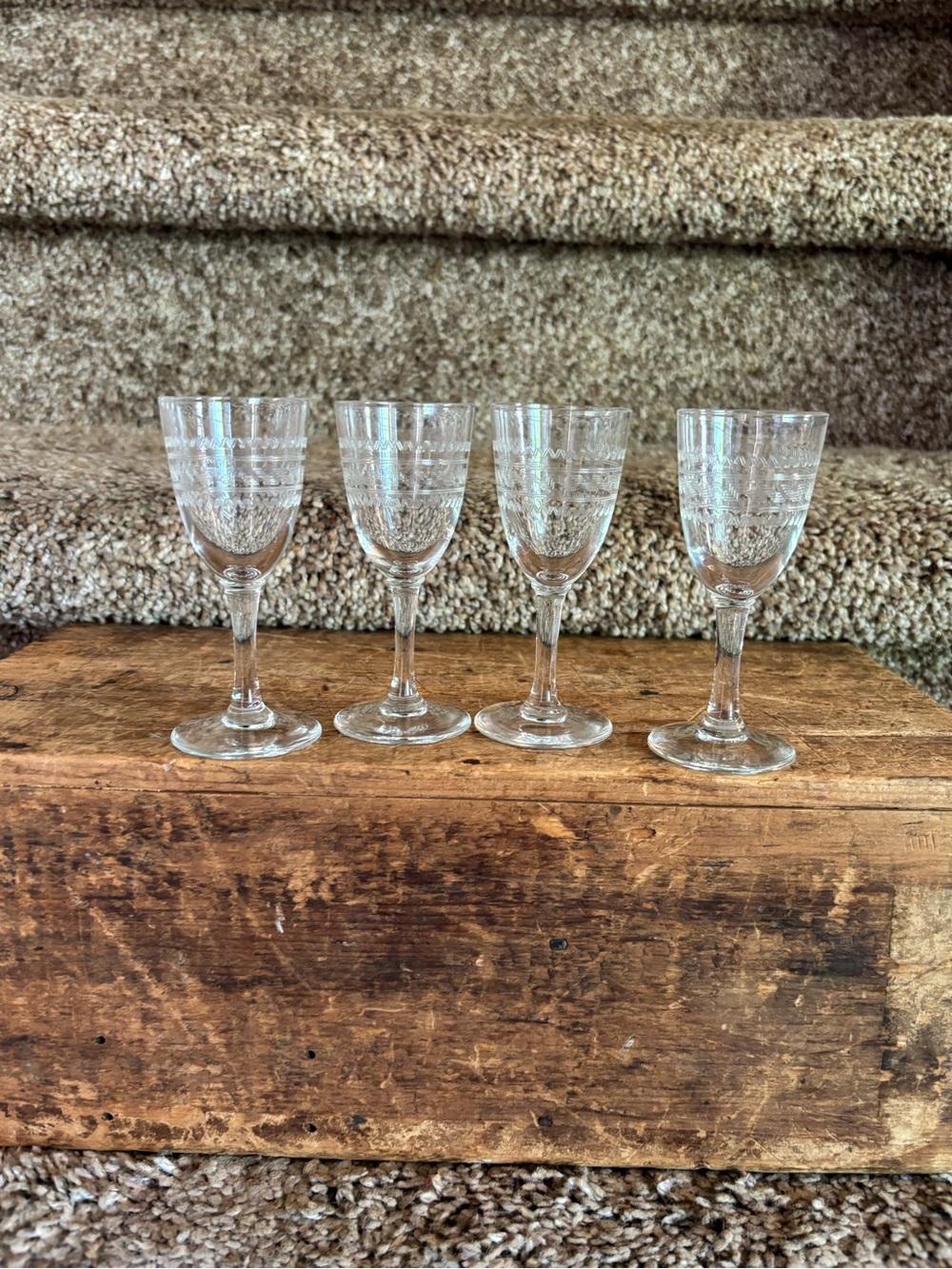 Clear Etched Glass Wine Goblets - Set of 4